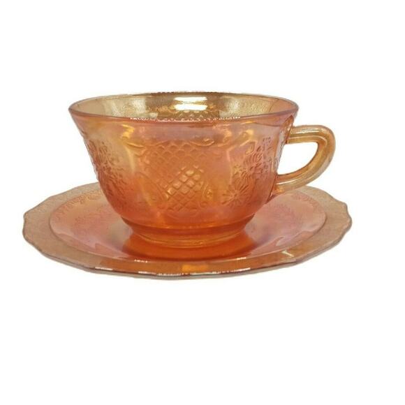 Vintage Carnival Glass Cup Saucer Marigold Amber Floral Lattice MCM Decor VTG - Picture 7 of 12